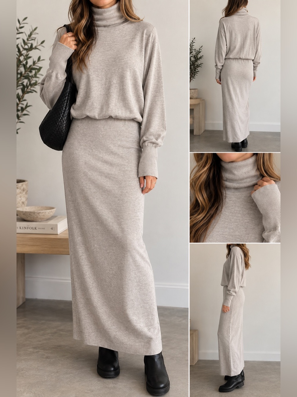 Aritzia Babaton Turtleneck Knit Maxi Dress Heather Taupe Size M